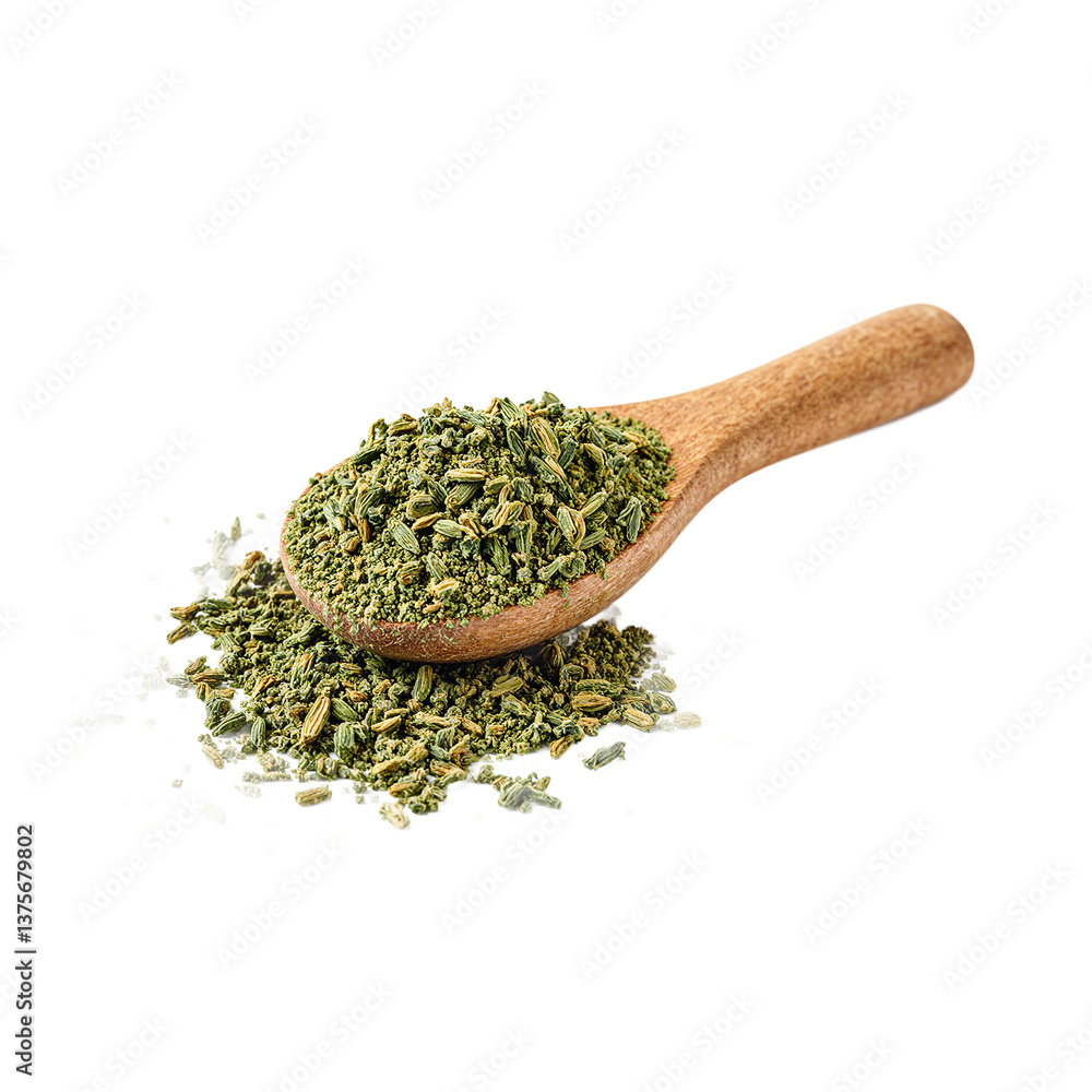 A rustic wooden spoon with dried thyme powder in soft green hues against a clean white backdrop Rich textures and earthy tones A rustic wooden spoon with dried thyme powder in soft green hues against a clean white backdrop Rich textures and earthy tones