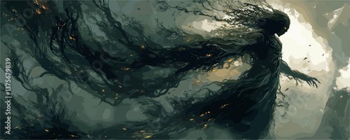 Mysterious shadowy figure with flowing hair in enigmatic darkness, silhouette vector.