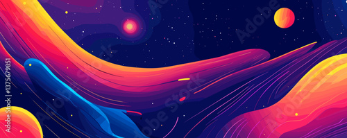 Vibrant abstract cosmic landscape with colorful waves and stars in space vector.