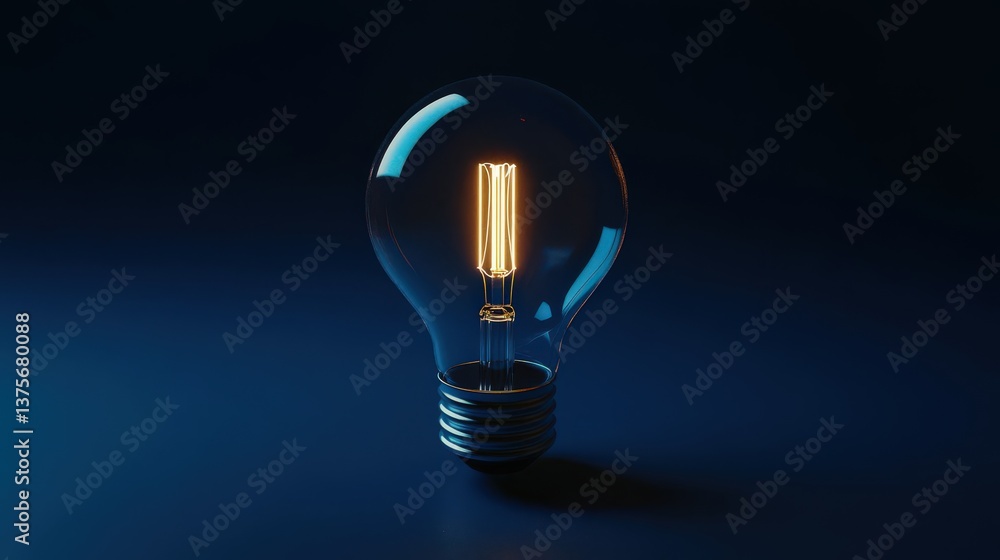 A photorealistic 3D render of a glowing light bulb on a dark blue background, featuring ample copy space for text or branding. Ideal for innovation and creativity themes. A photorealistic 3D render of a glowing light bulb on a dark blue background, featuring ample copy space for text or branding. Ideal for innovation and creativity themes.