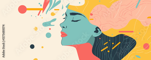 Abstract colorful surreal portrait of a woman with eyes closed in a dreamlike state - vector.