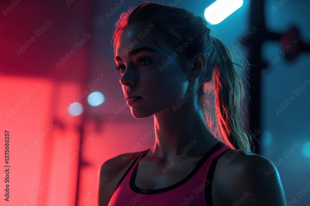 Fototapeta premium Portrait of a young athlete in a dimly lit gym with bold lighting effects