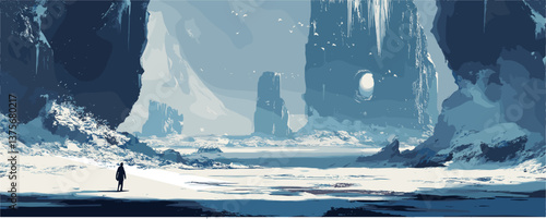 Mysterious arctic landscape with lone traveler in vast snowy canyon - vector.