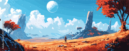 Futuristic landscape with lone traveler and alien skies in a surreal setting - vector.