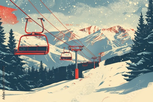A retro-inspired poster showcasing a ski resort with a snowy mountain range, chairlifts, and a forest in the foreground, A retro-inspired poster advertising a ski resort