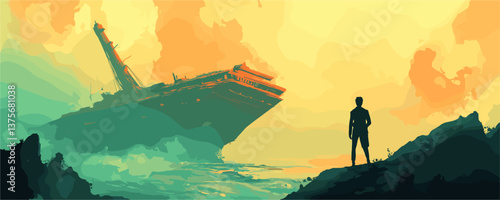 Man watching sinking ship amidst turbulent sea and dramatic sky vector.