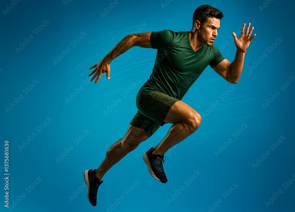 Obraz premium Full length portrait of muscular man sprinting in dynamic motion wearing green athletic outfit against blue background with motion effects 