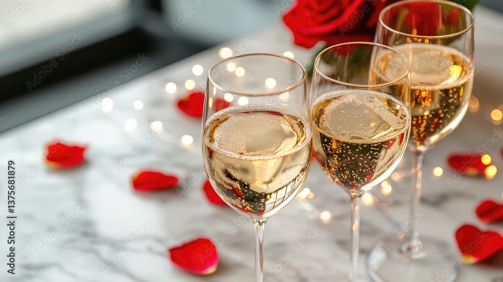 Romantic Setting with Champagne Glasses and Rose Petals on Table Romantic Setting with Champagne Glasses and Rose Petals on Table