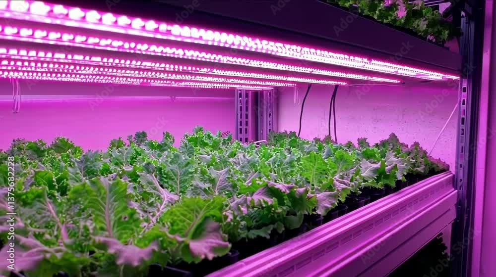Vibrant indoor lettuce growth under LED lights in a modern cultivation setup.