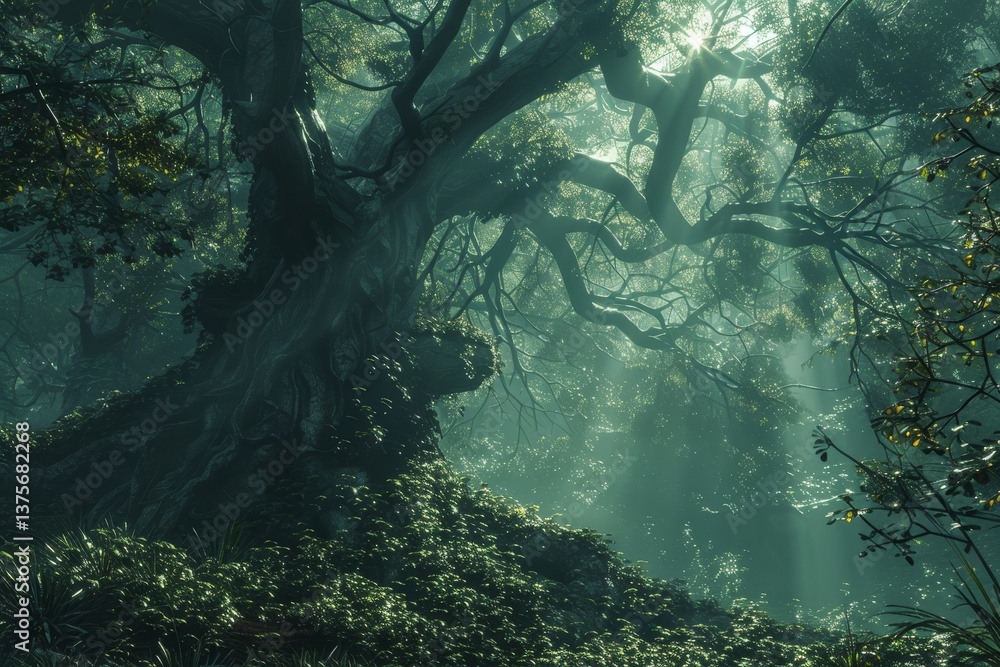 Fototapeta premium Sunlight shines through the branches of ancient trees in a mystical forest, A mystical forest filled with ancient trees and magical creatures