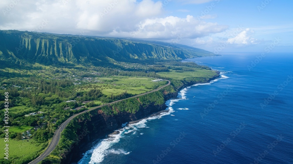 Aerial view of coastal highway, lush green cliffs, ocean waves, and blue sea. Aerial view of coastal highway, lush green cliffs, ocean waves, and blue sea.