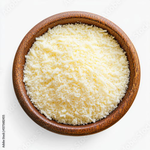 Parmesan cheese in a bowl. top view. 