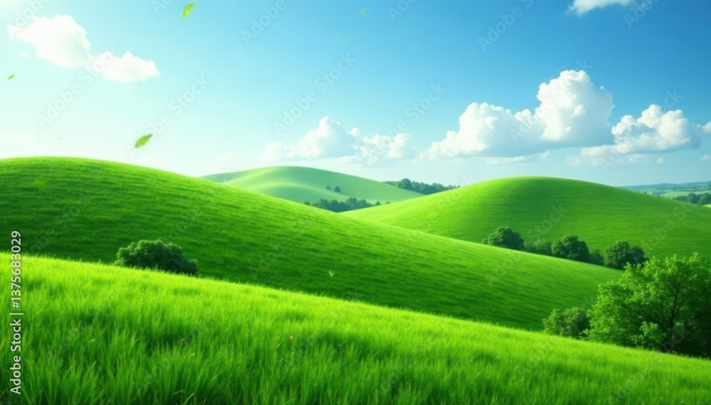 Obraz premium Rolling hills of emerald green grass in a serene meadow landscape, wildflowers, fields
