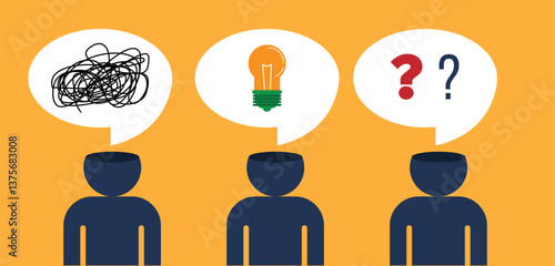 Abstract Human Figures with Messy Thoughts Questions and Light Bulb Solution. Psychology, mental health and generating creative ideas vector art