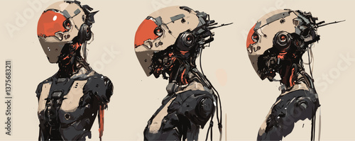 Futuristic robotic cyborgs in three angles with advanced helmets and technology - vector.