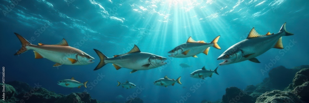 Obraz premium school of fish swimming together with breaking waves, marine life, ocean