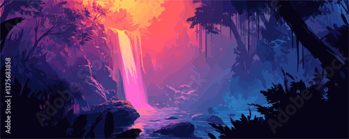Vibrant sunset waterfall in dreamy jungle setting with lush foliage and mystical glow, vector.
