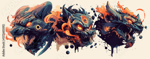 Three fiery mythical beast heads with intense glowing eyes in abstract style - vector.