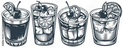 Negroni cocktail set or whiskey, cognac with ice and slice of orange for cocktail bar or drink summer party. Brandy or alcohol cocktail vector for beach bar and cafe menu. Old fashioned
