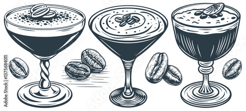 Monochrome vector graphic depicting luxurious cocktail glass set containing dark beverage, crowned with frothy foam, surrounded by coffee beans, displaying intricate stem detailing