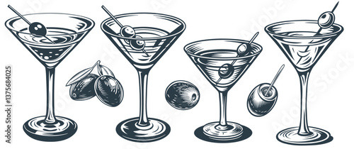 Martini or daiquiri cocktail set with strawberry and lime for cocktail bar or drink summer party. Margarita cocktail vector with rum, tequila for beach bar and cafe menu.