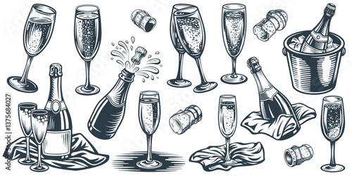 Vintage monochrome set featuring various champagne glasses, bottles popping their corks with sparkling splashes, ice bucket and corks, ideal for bar, celebration, and party themes