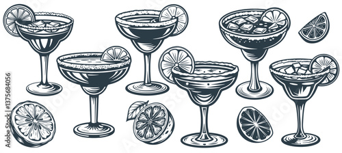 Margarita cocktail set with strawberry and lime for cocktail bar or drink summer party. Martini or daiquiri cocktail vector with rum, tequila for beach bar and cafe menu.