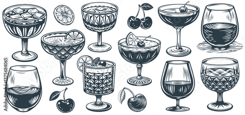Old fashioned cocktail set or whiskey, cognac with ice and slice of orange for cocktail bar or drink summer party. Brandy or negroni alcohol cocktail vector for beach bar and cafe menu.