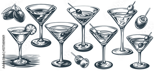 Martini or daiquiri cocktail set with strawberry and lime for cocktail bar or drink summer party. Margarita cocktail vector with rum, tequila for beach bar and cafe menu.