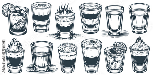 Monochrome vector illustration set of a flaming cocktail burning in a shot glass b 52, featuring a layered drink with flames, perfect for bar, pub, and alcohol related designs