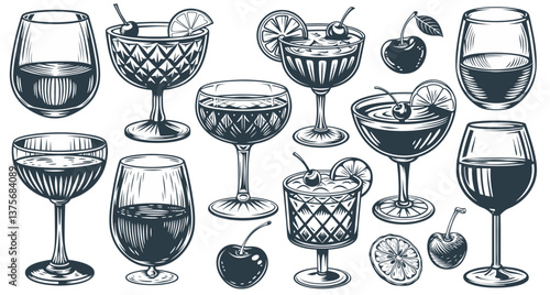 Vintage cocktail set and wine glasses, filled with drinks, adorned with cherries and lemon slices for design of surfing, tiki or beach bar menu. Alcohol cocktails for drink party, summer vibes