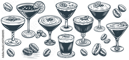 Monochrome vector graphic depicting luxurious cocktail glass set containing dark beverage, crowned with frothy foam, surrounded by coffee beans, displaying intricate stem detailing