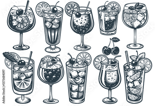 Cocktail set with aperol spritz, pina colada, mojito, negroni, Mai Tai for design of surfing, tiki or beach bar menu. Alcohol cocktails for drink party, summer vibes