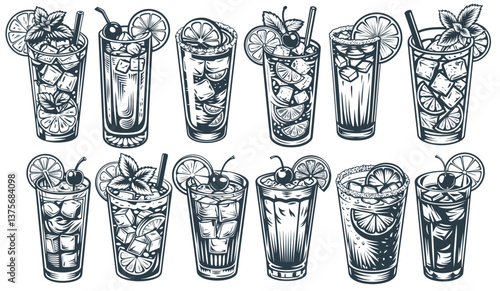 Cocktail set with martini, pina colada, mojito, negroni, Mai Tai for design of surfing, tiki or beach bar menu. Alcohol cocktails for drink party, summer vibes