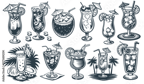 Pina Colada cocktail set with leaves and slice of pineapple for cocktail bar or drink summer party. Pina alcohol cocktail vector with rum for beach bar and cafe menu.
