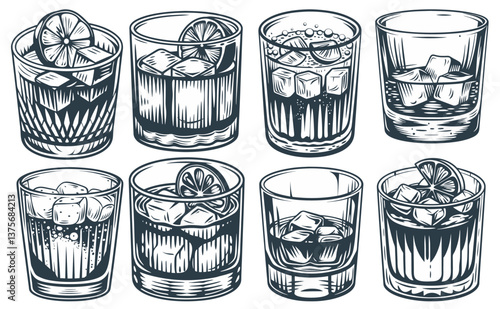 Old fashioned cocktail set or whiskey, cognac with ice and slice of orange for cocktail bar or drink summer party. Brandy or negroni alcohol cocktail vector for beach bar and cafe menu.
