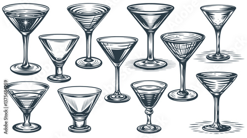 Martini cocktail set with strawberry and lime for cocktail bar or drink summer party. Margarita cocktail or daiquiri vector with rum, tequila for beach bar and cafe menu.