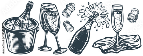 Vintage monochrome illustration featuring champagne bottle set and filled flutes resting on draped cloth, evoking sense of celebration and luxury