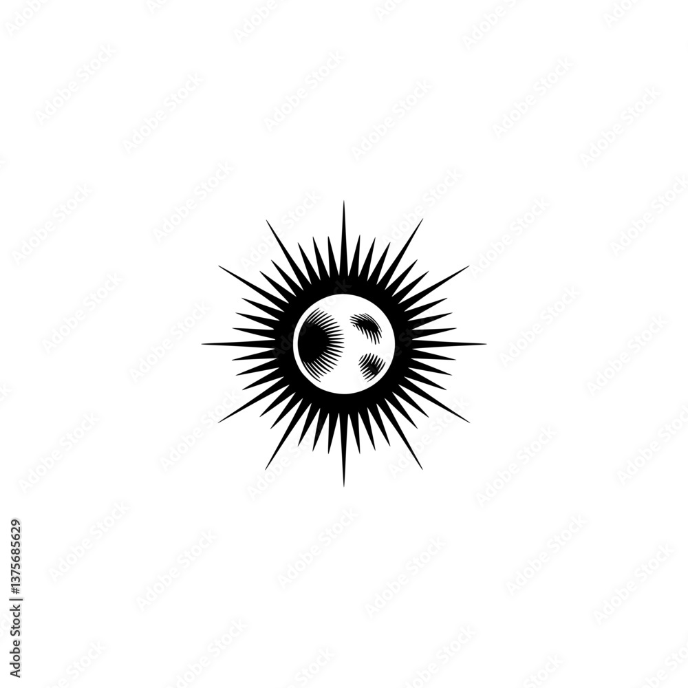 Fototapeta premium Stylized Sun Icon: Engraved Effect, Black on White, Minimalist Design