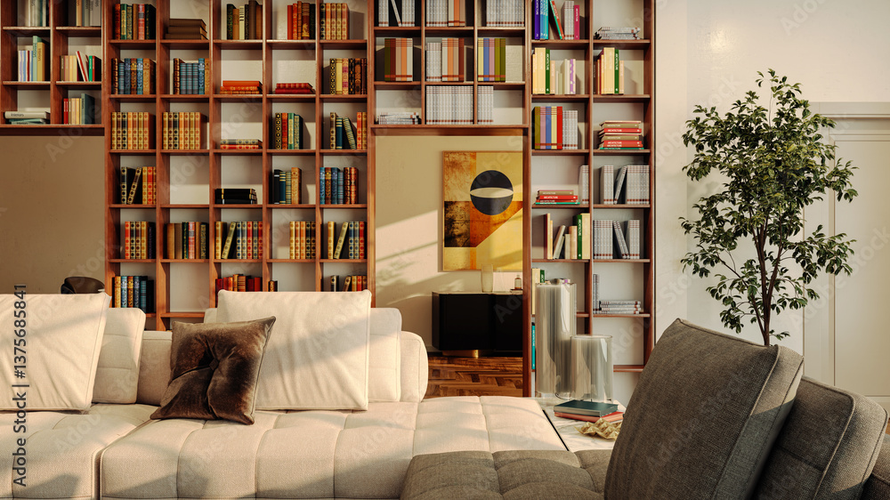 Fototapeta premium Large luxury modern bright interiors Living room mockup illustration 3D rendering image