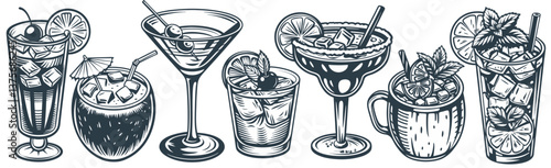 Cocktail set with tequila, martini and margarita, cosmopolitan for summer party. Set of cocktails with old fashioned, sangria and mai tai, pina colada for exotic beach bar