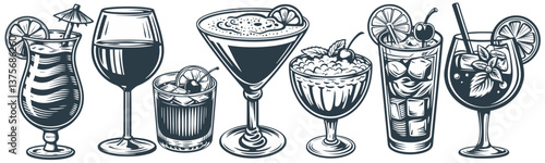 Cocktail set with tequila, martini and margarita, cosmopolitan for summer party. Set of cocktails with old fashioned, sangria and mai tai, pina colada for exotic beach bar