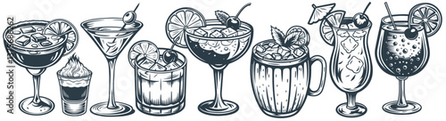 Cocktail set with tequila, martini and margarita, cosmopolitan for summer party. Set of cocktails with old fashioned, sangria and mai tai, pina colada for exotic beach bar
