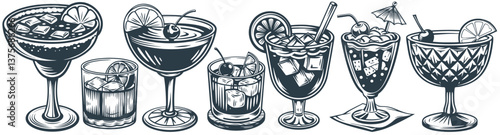 Cocktail set with tequila, martini and margarita, cosmopolitan for summer party. Set of cocktails with old fashioned, sangria and mai tai, pina colada for exotic beach bar