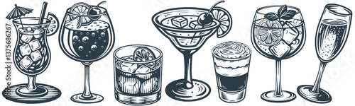 Cocktail set with tequila, blue lagoon and mojito, bloody mary for summer party. Set of cocktails with old fashioned, sangria and mai tai, pina colada for exotic beach bar