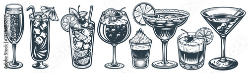 Cocktail set with tequila, blue lagoon and mojito, bloody mary for summer party. Set of cocktails with old fashioned, sangria and mai tai, pina colada for exotic beach bar
