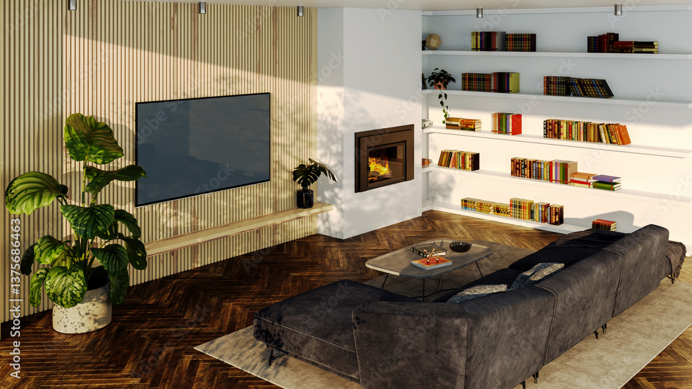 Fototapeta premium Large luxury modern bright interiors Living room mockup illustration 3D rendering image