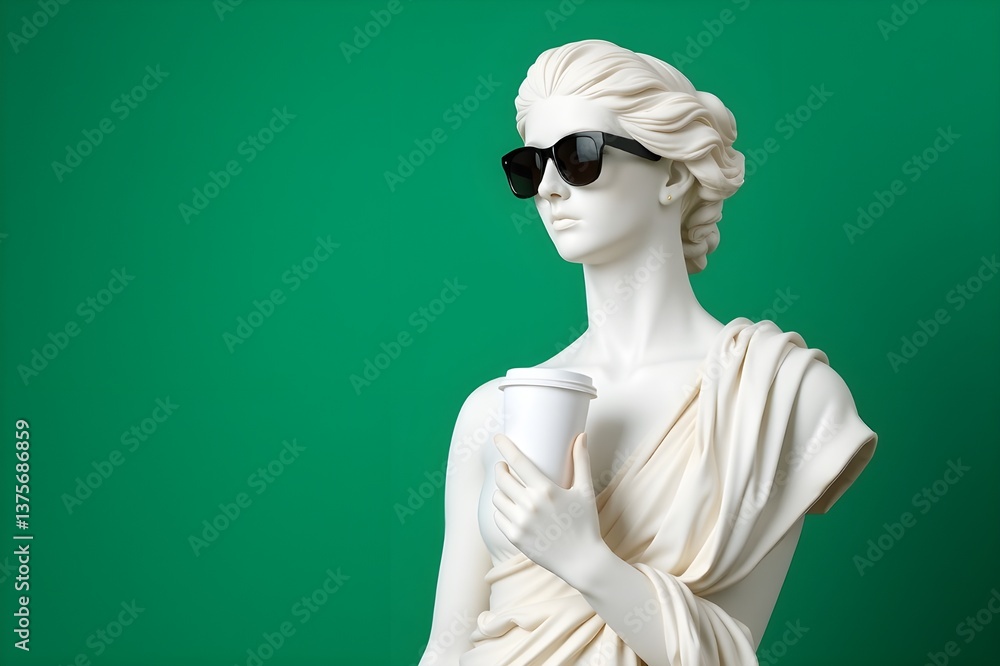 A picture of a female statue drinking a hot cup of coffee. A picture of a female statue drinking a hot cup of coffee.