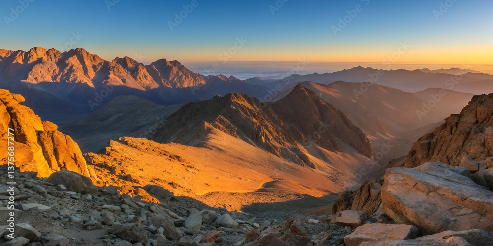 Obraz premium Expansive mountain range at sunrise with warm light rays and distant peaks, ideal for outdoor, nature, and wanderlust imagery