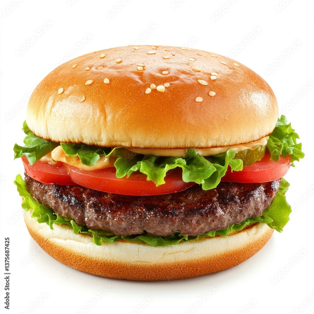 Delicious Hamburger with Fresh Toppings Isolated on White Background Studio Shot Delicious Hamburger with Fresh Toppings Isolated on White Background Studio Shot